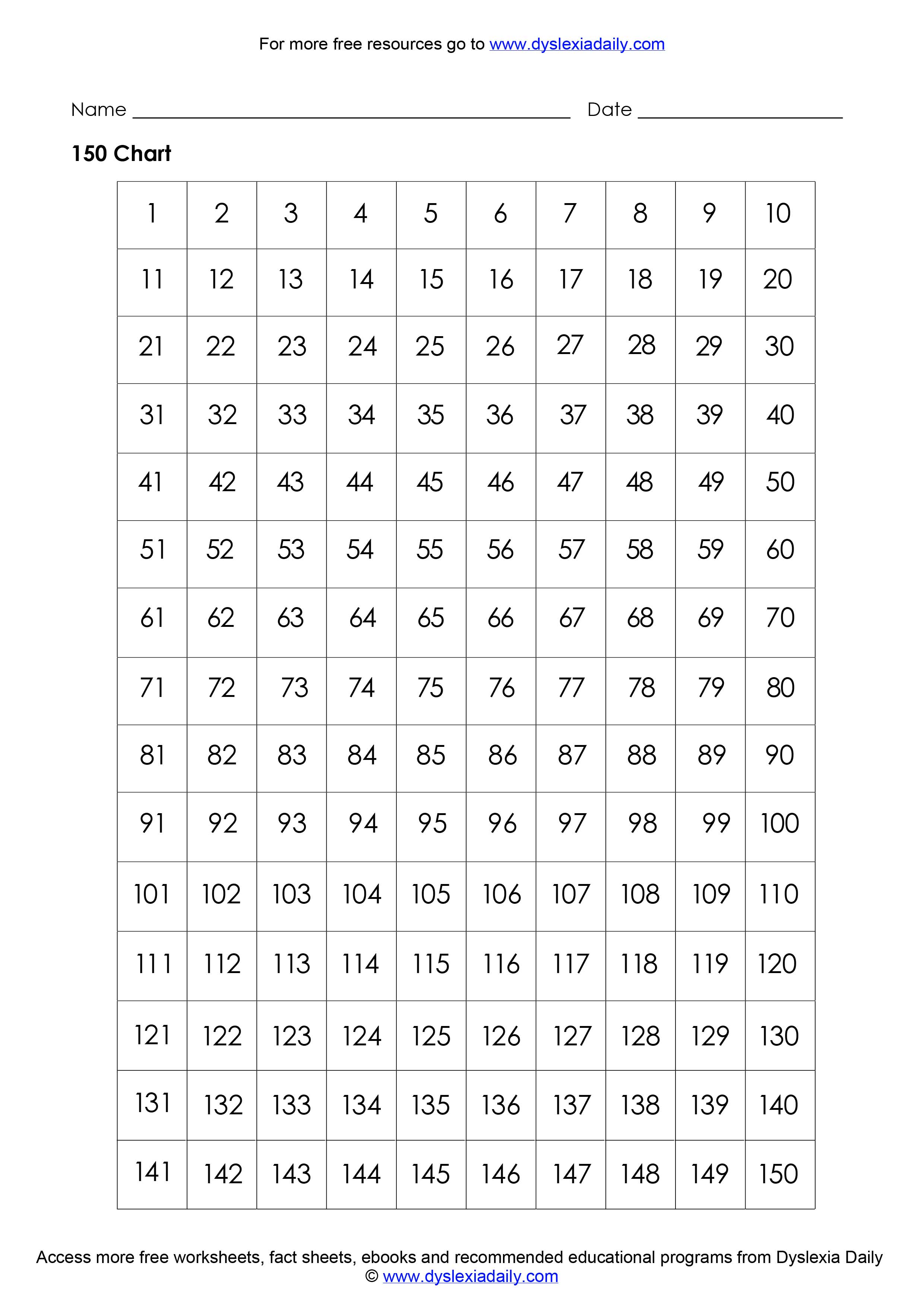 Printable Number Chart 1 150 Printable Word Searches